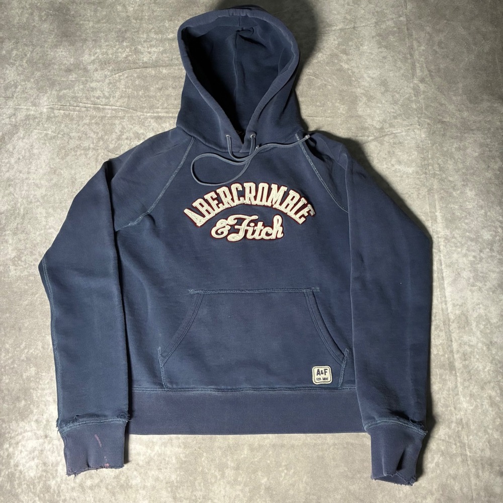 Abercrombie & Fitch Vintage Varsity Hoodie Navy Blue Chenille Logo Distressed M